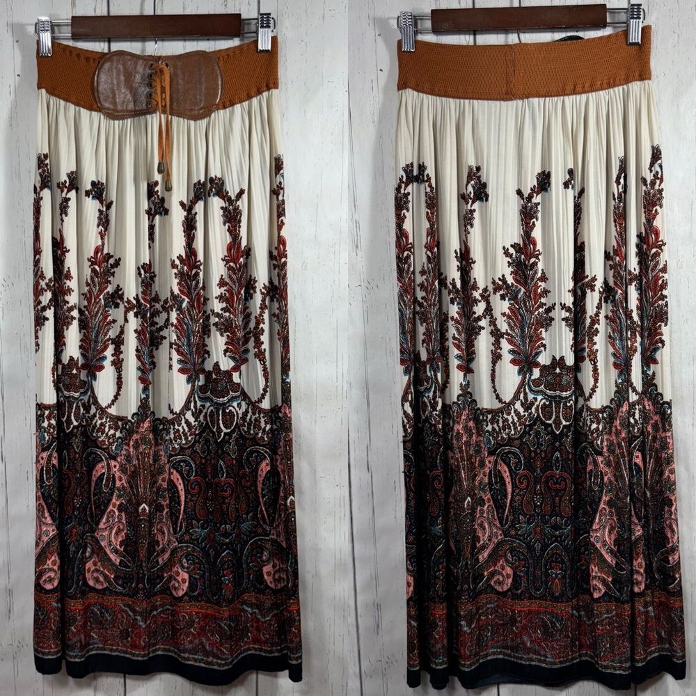 Jon & Anna Vintage Y2K Tie Front Belted Midi Pencil Skirt Boho Paisley Pleated